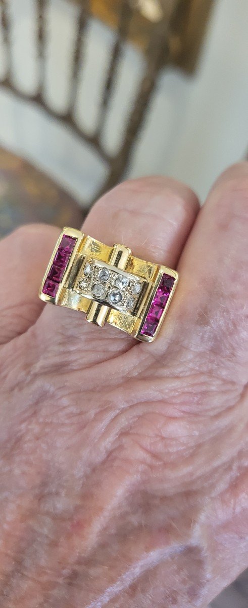 Art Deco 'tank' Ring 18ct Gold With Rubies And Diamonds -photo-2