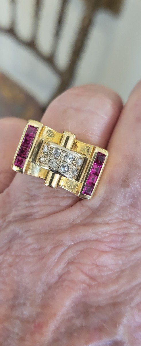 Art Deco 'tank' Ring 18ct Gold With Rubies And Diamonds -photo-1