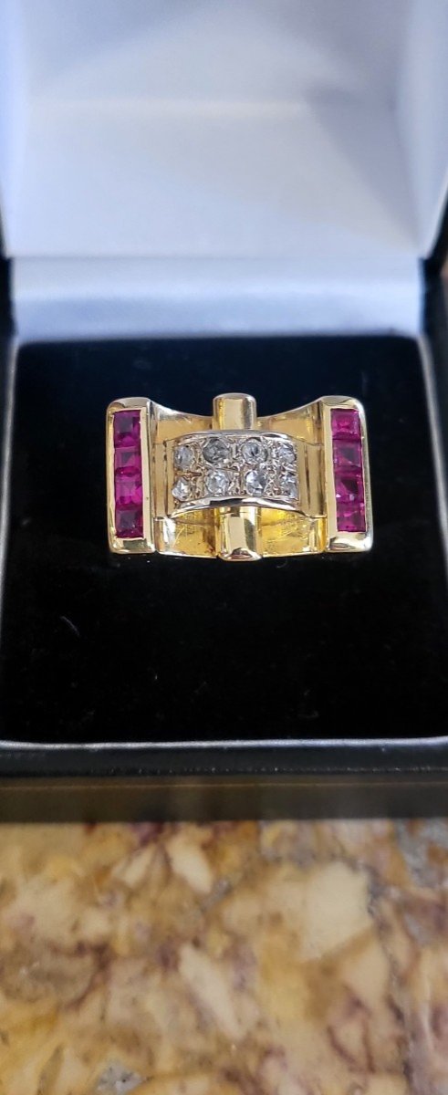 Art Deco 'tank' Ring 18ct Gold With Rubies And Diamonds -photo-2