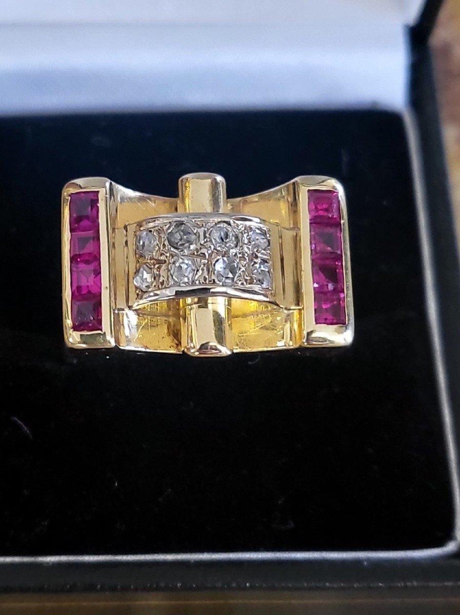Art Deco 'tank' Ring 18ct Gold With Rubies And Diamonds 