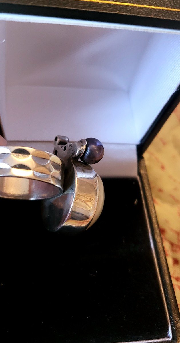 Vintage Ring - Carbochon Rubies, Mabé Pearl Set In Silver-photo-2