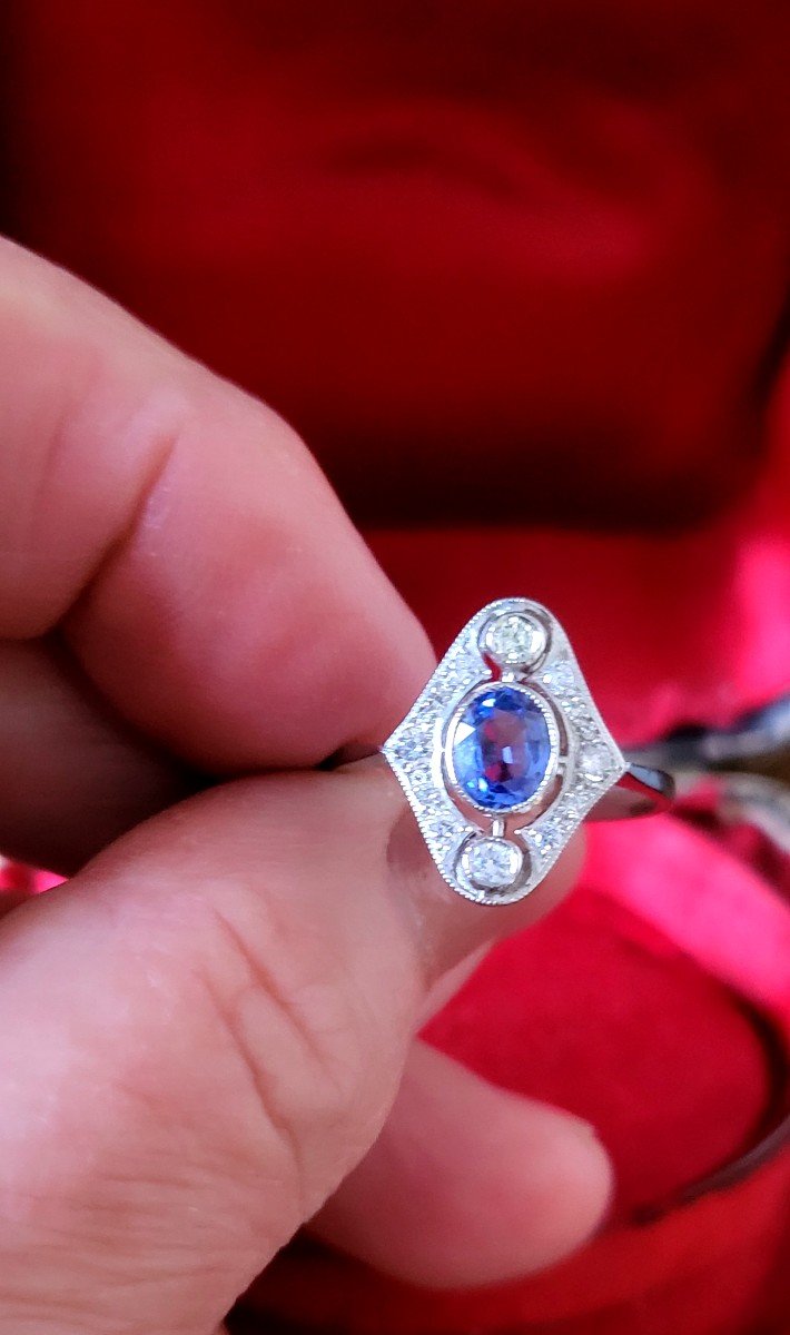 Belle Epoque Bague Vintage En Platine Avec Un Saphir Et des Diamants -photo-5