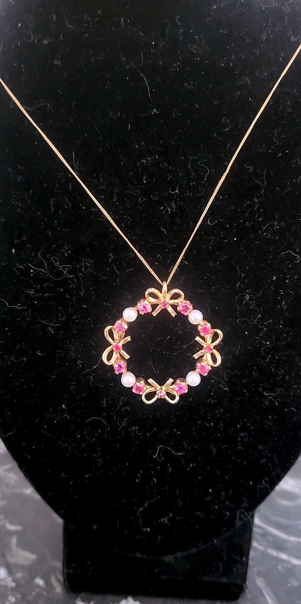 Vintage "Cercle de Vie " Collier/pendentif En Or Avec Rubis Et Perles -photo-4