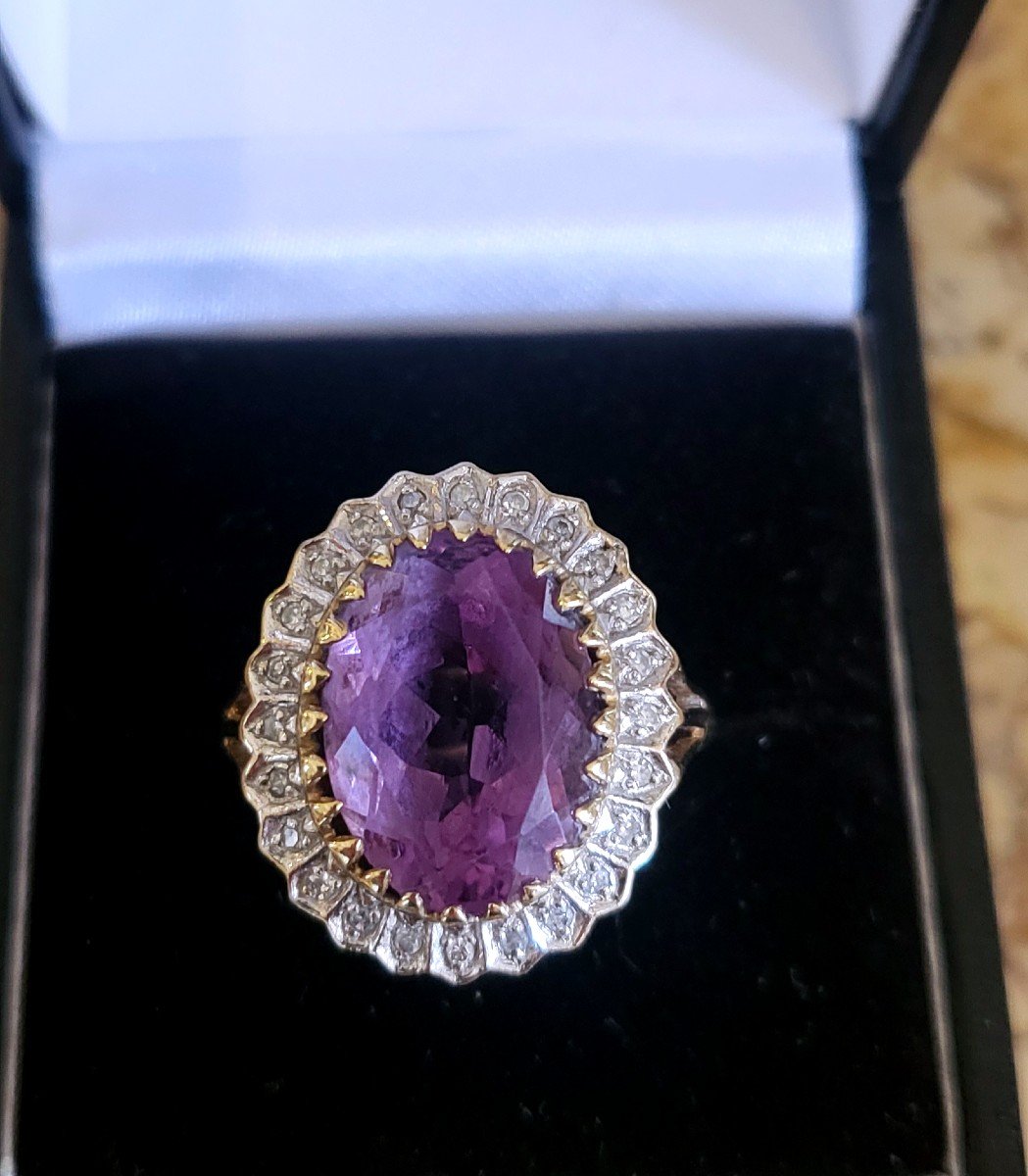 Bague "Cocktail " Vintage- Améthyste (7ct)  Diamants En Or 