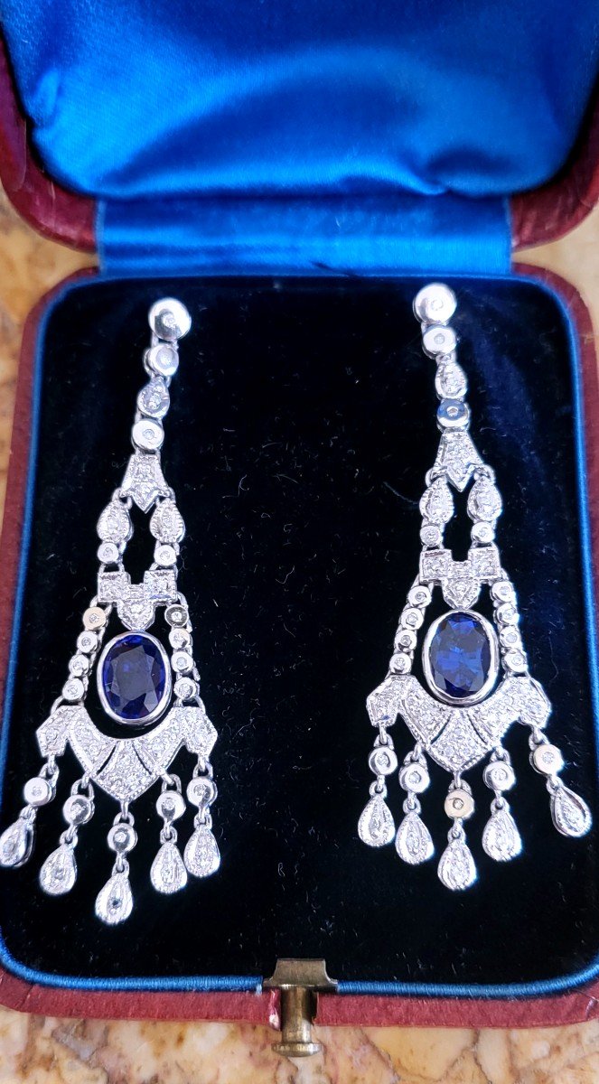 Boucles d'oreilles Vintage style "Art Déco" en Or 18ct, Saphirs et Diamants -photo-4