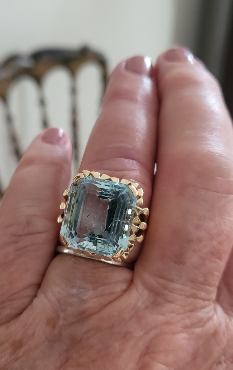  Bague - Aiguemarine En Or 18ct  Vintage "Cocktail "-photo-2