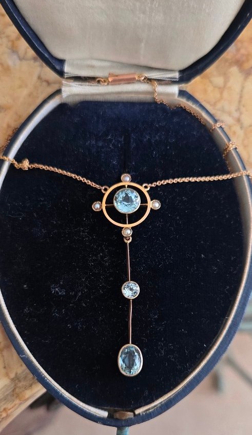 Belle Epoque Collier Serti d'Aigue-marines En Or.-photo-3