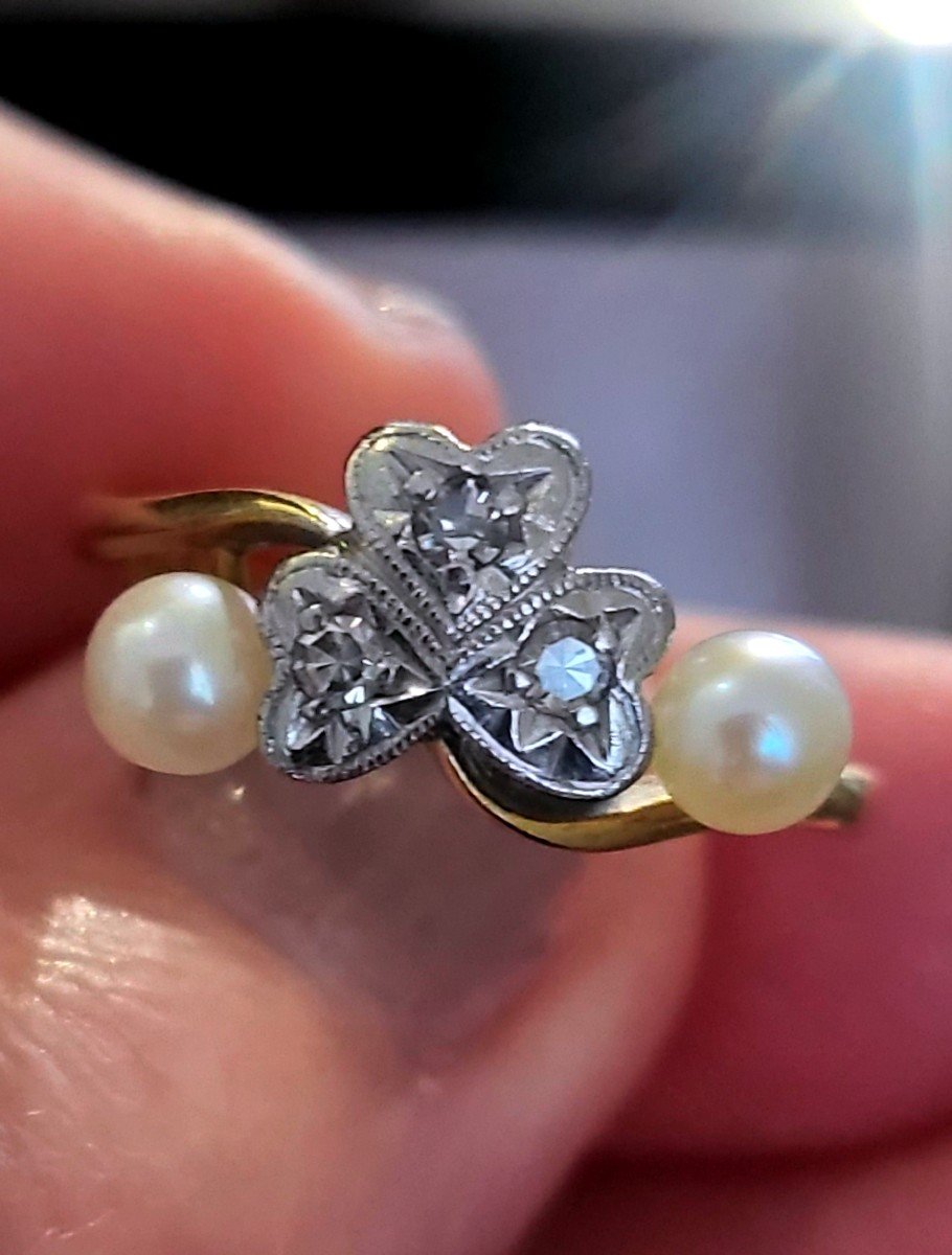 Belle Epoque Bague En Or 18ct Et Platine, Diamants Et Perles -photo-3