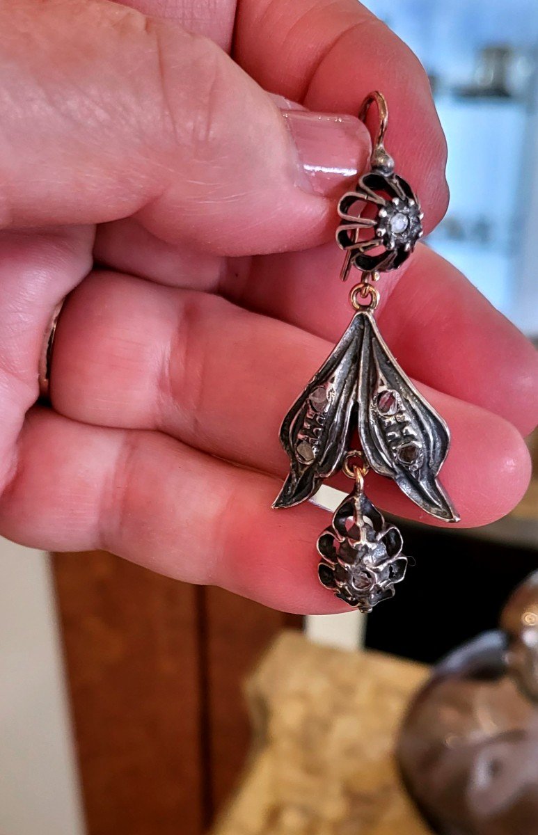 Boucles d'Oreilles Anciennes En Argent Et Or Avec Diamants -photo-4