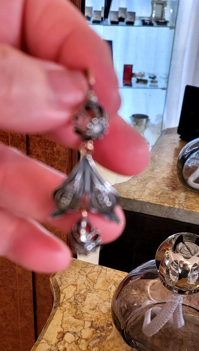 Boucles d'Oreilles Anciennes En Argent Et Or Avec Diamants -photo-3
