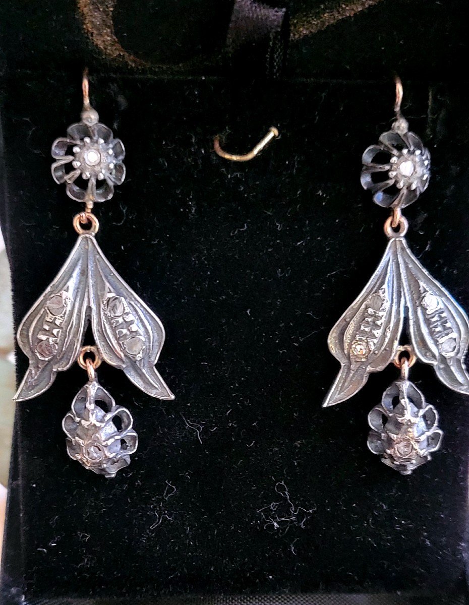 Boucles d'Oreilles Anciennes En Argent Et Or Avec Diamants 