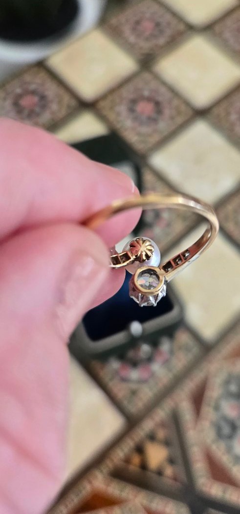 "toi Et Moi" Belle époque Ring In 18ct Gold Set With An Old European Cut Diamond And A Natural -photo-6