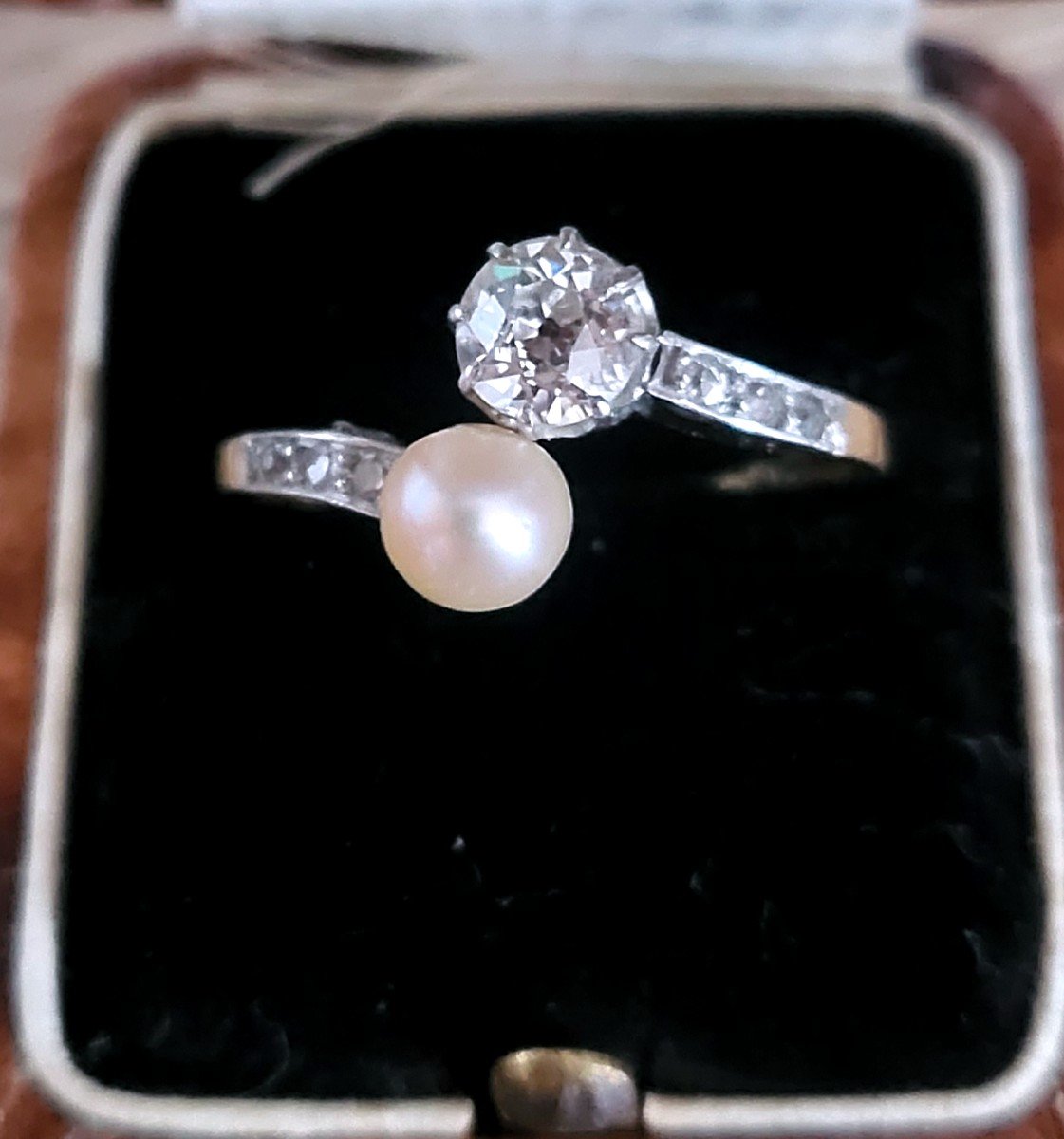 "toi Et Moi" Belle époque Ring In 18ct Gold Set With A Diamond And A Natural Pearl 