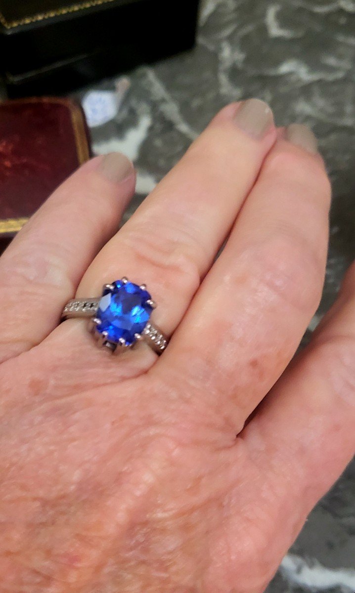 Bague Vintage En Or Blanc  18ct Sertie d'Un Tanzanite Et De Diamants -photo-2