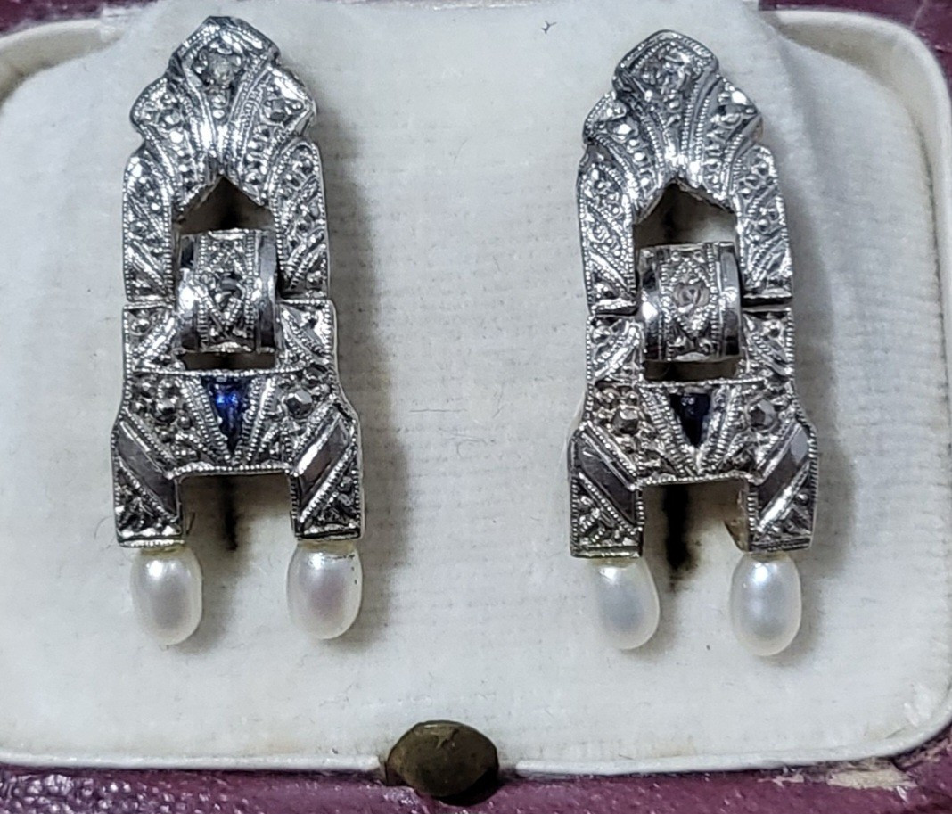 Art Déco Boucles d'Oreilles En Or Blanc 18ct 