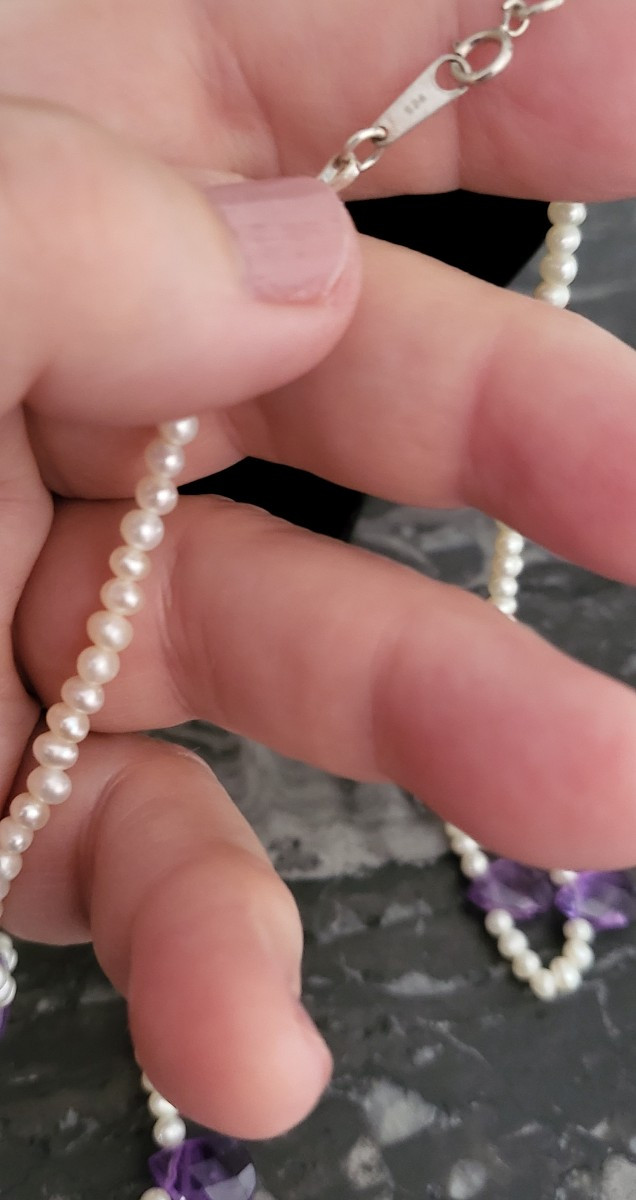 Vintage Necklace Set With Cultured Pearls And Amethyst Drops -photo-4