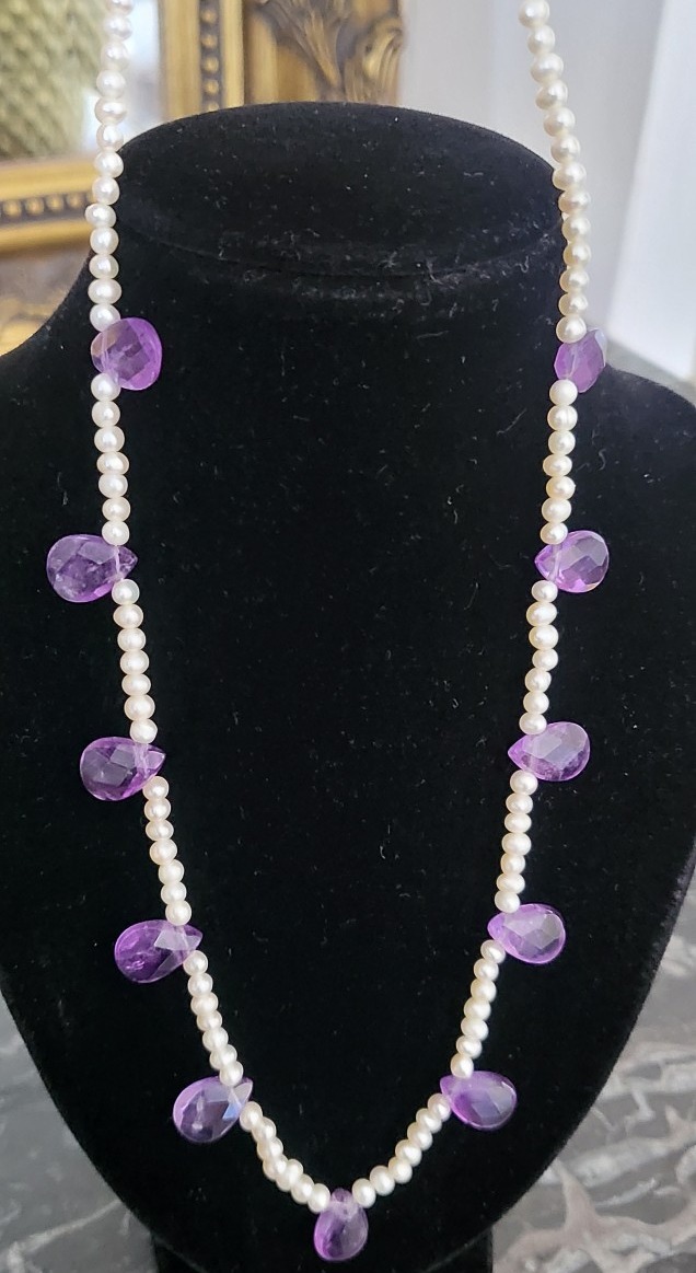 Collier Vintage Serti De Perles De Culture Et Gouttes d'Améthyste -photo-2