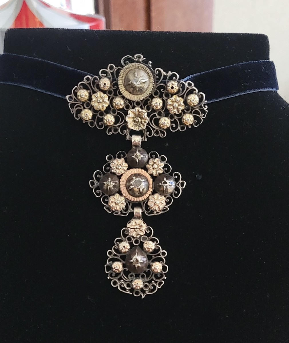 Antique Butterfly Cross In Silver, Vermeil Set With Diamonds. -photo-3
