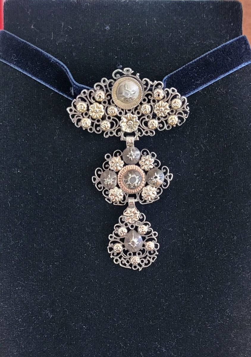 Antique Butterfly Cross In Silver, Vermeil Set With Diamonds. -photo-5