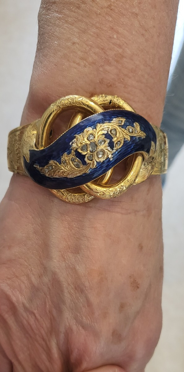 Napoléon 111 Bracelet/Manchette en Or Jaune,  Émail bleu et Diamants -photo-6