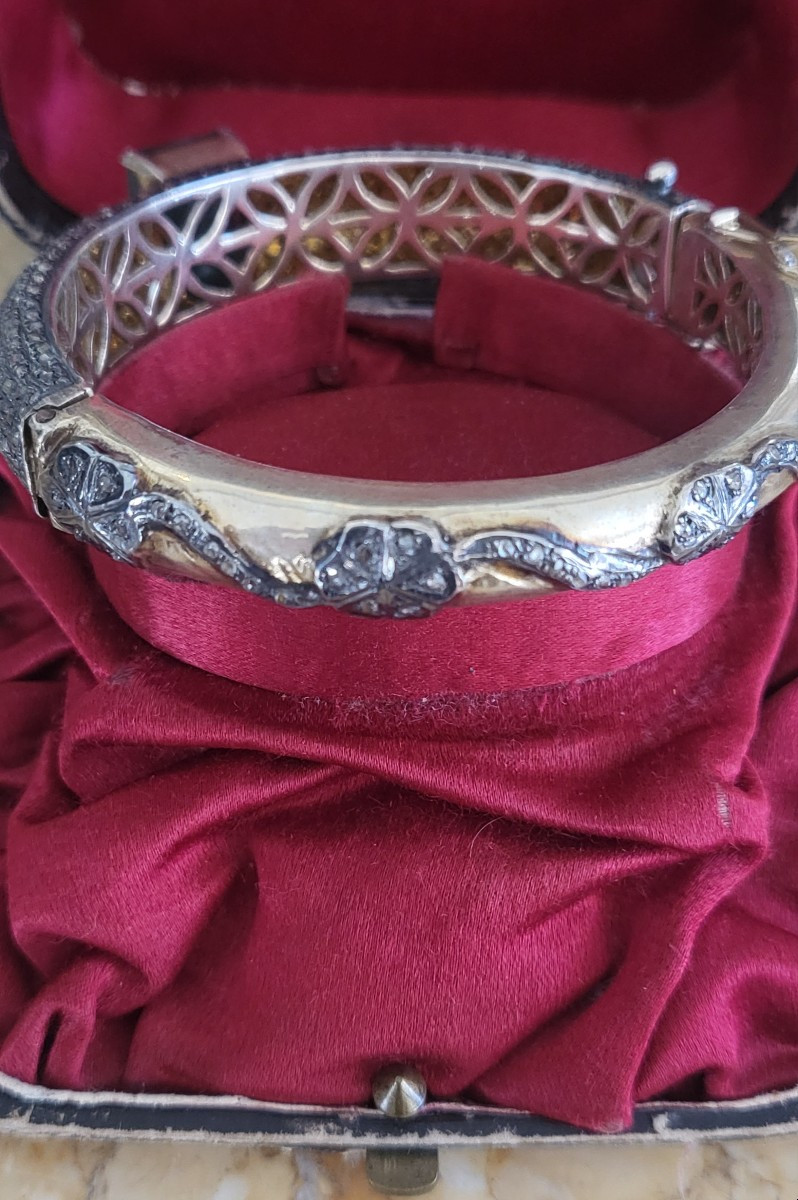 Bracelet jonc serti d'un grande Émeraude, pavé de Diamants en Vermeil -photo-4