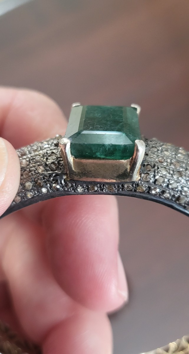 Bracelet jonc serti d'un grande Émeraude, pavé de Diamants en Vermeil -photo-5