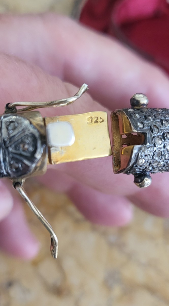 Bracelet jonc serti d'un grande Émeraude, pavé de Diamants en Vermeil -photo-6