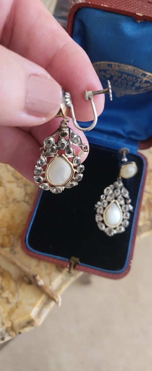 Empire-Consulat Boucles d'oreilles en Argent/Or/Topazes Blanches et Perles Naturelles -photo-4