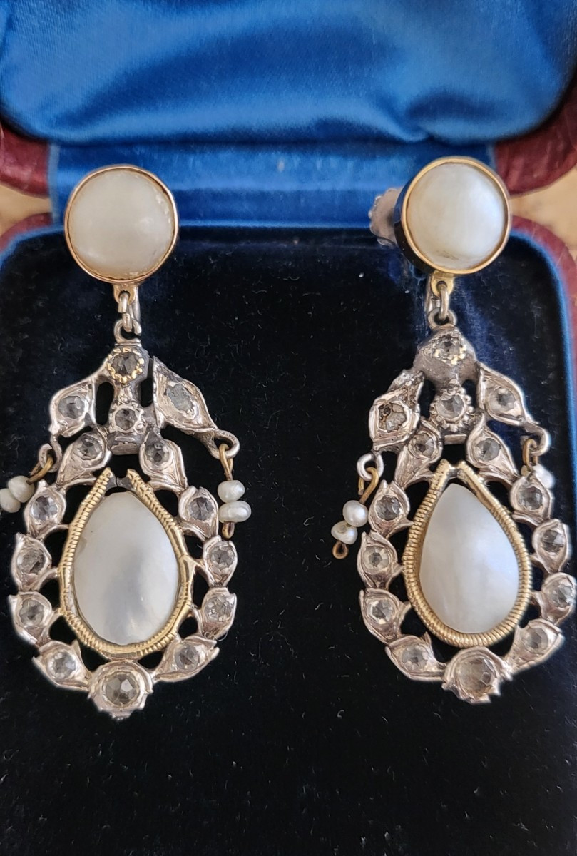 Empire-Consulat Boucles d'oreilles en Argent/Or/Topazes Blanches et Perles Naturelles -photo-1