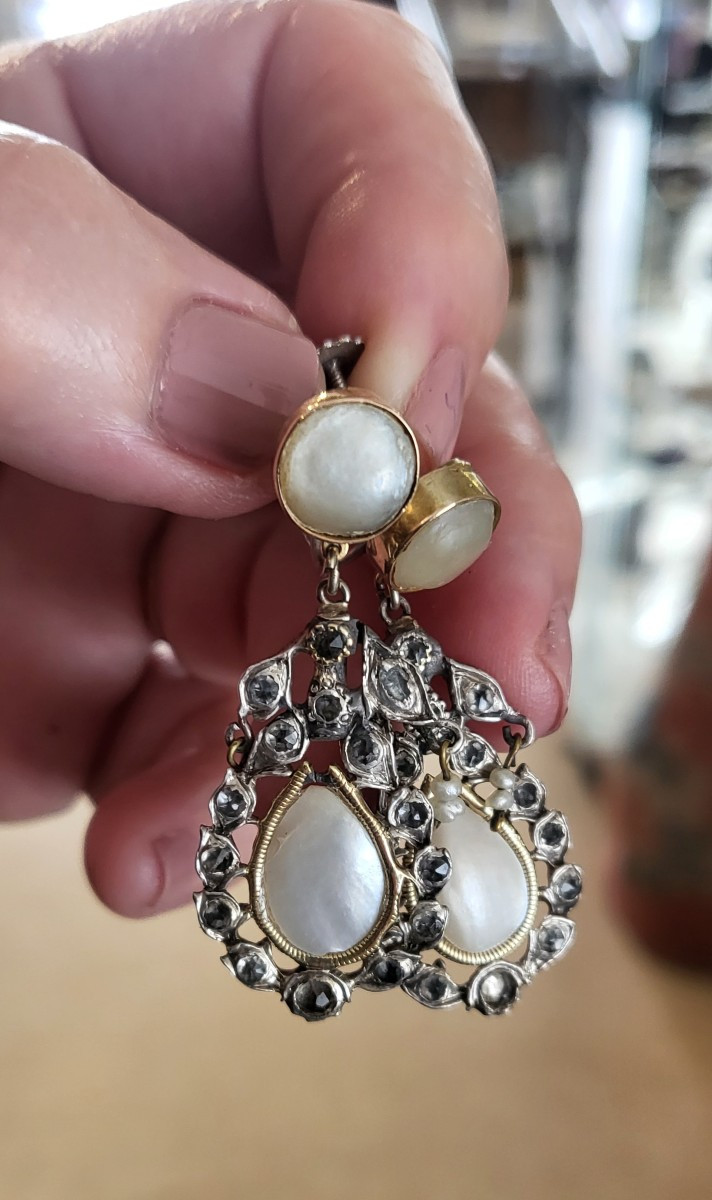 Empire-Consulat Boucles d'oreilles en Argent/Or/Topazes Blanches et Perles Naturelles -photo-2