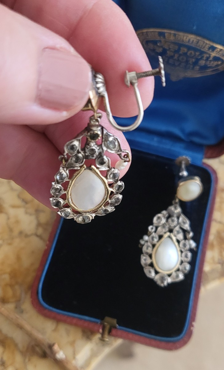 Empire-Consulat Boucles d'oreilles en Argent/Or/Topazes Blanches et Perles Naturelles -photo-3