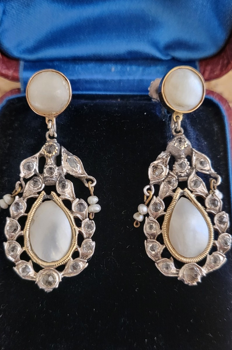 Empire-Consulat Boucles d'oreilles en Argent/Or/Topazes Blanches et Perles Naturelles 