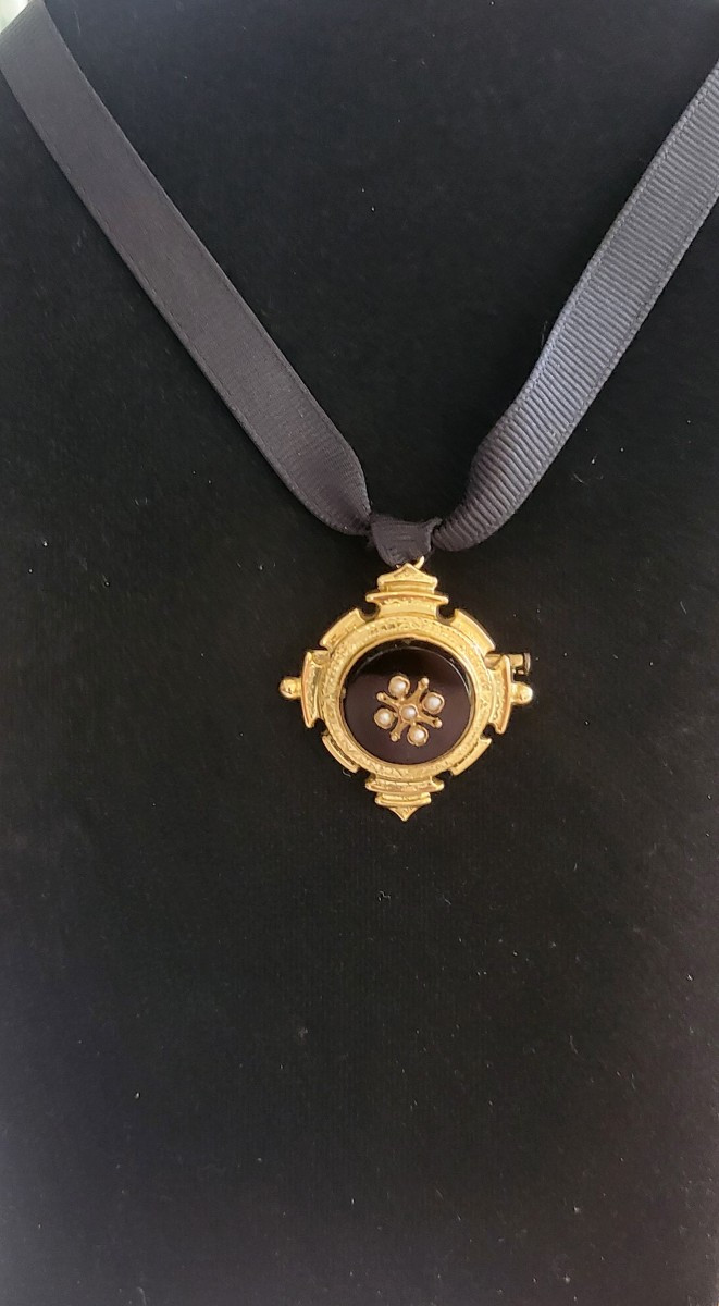 18ct Gold Onyx And Pearl Pendant - Napoleon 111-photo-2