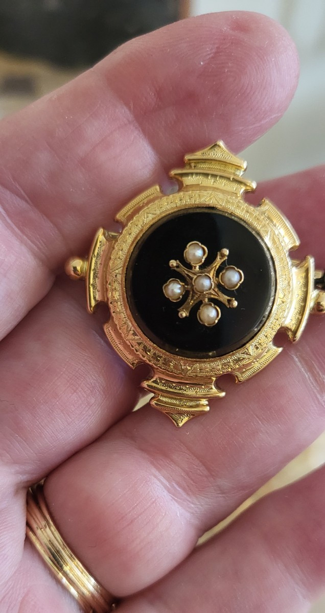 18ct Gold Onyx And Pearl Pendant - Napoleon 111-photo-1