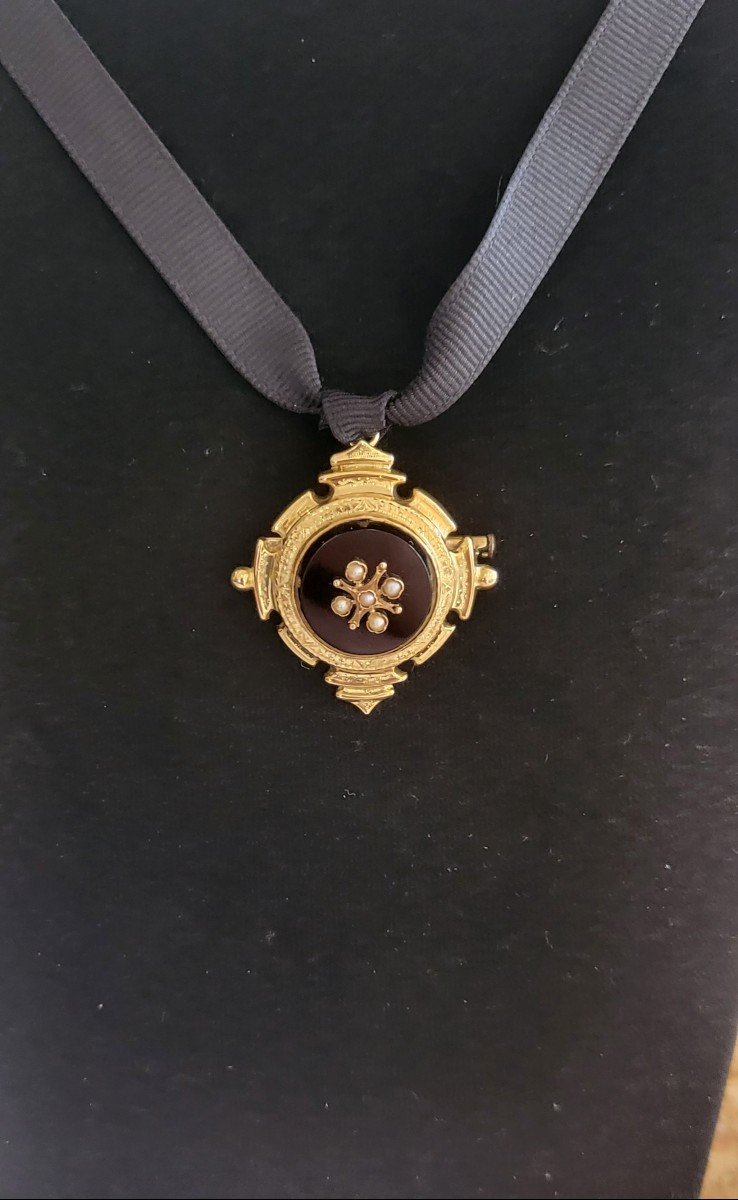 18ct Gold Onyx And Pearl Pendant - Napoleon 111-photo-2