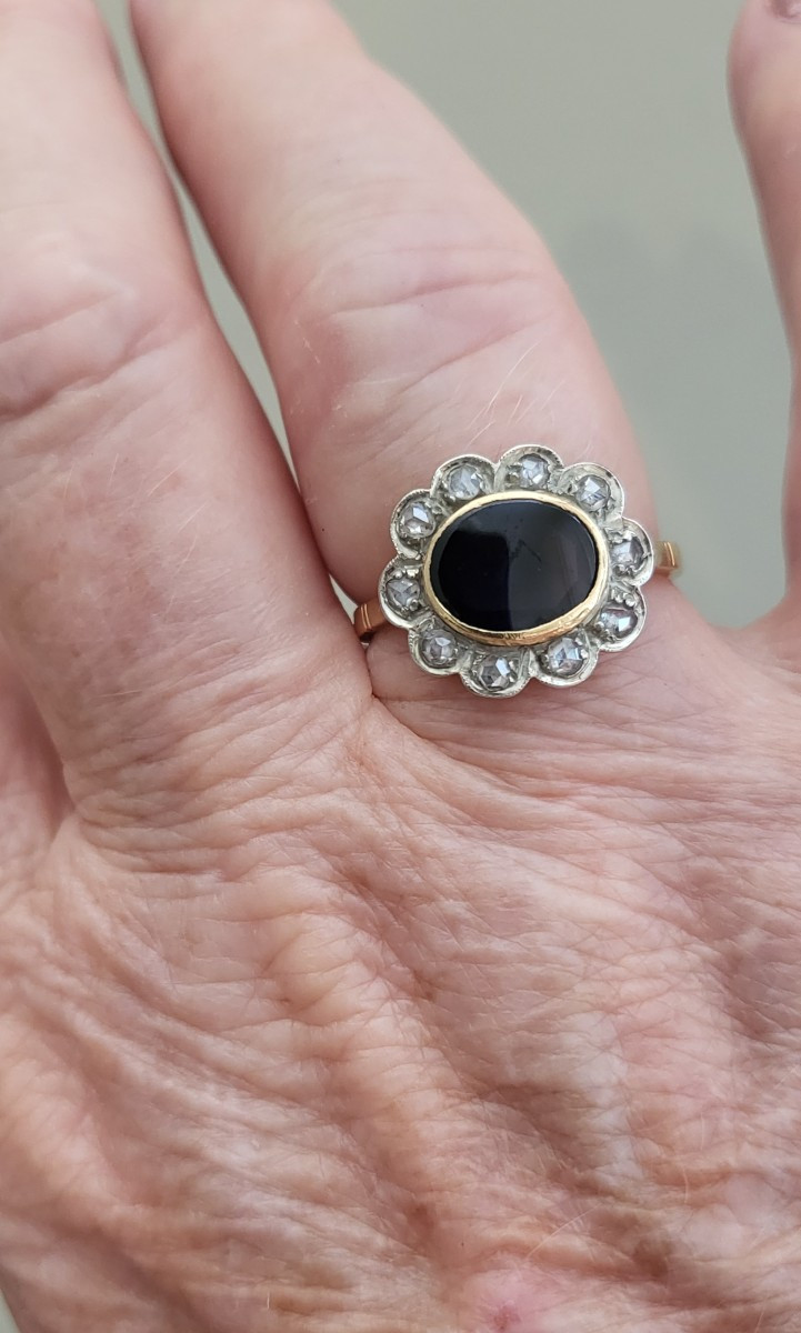 Bague "Pompadour " Saphir Bleu entourée de Diamants en Or 18ct -photo-3