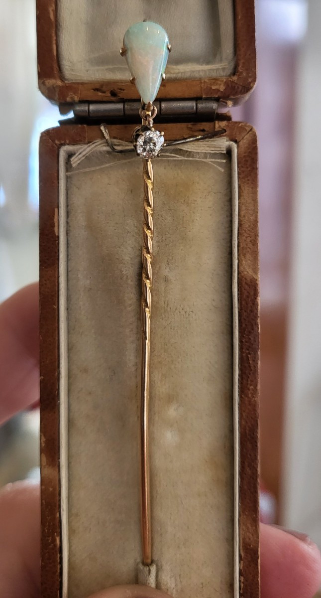 Opale et Diamant Epingle en Or 18ct- Belle Époque -photo-6