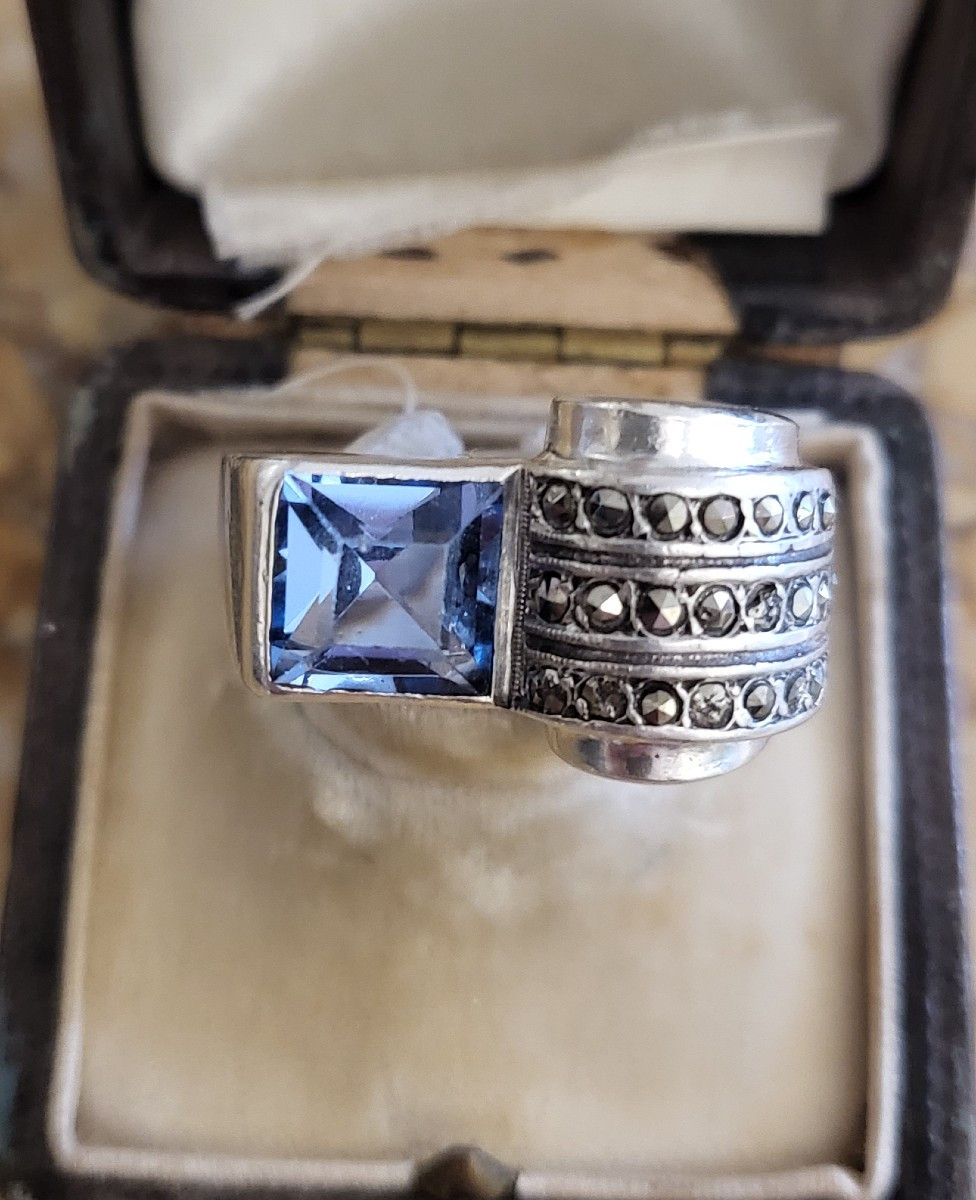 Bague Art Déco en Argent sertie d'un Topaze Bleu  -photo-4