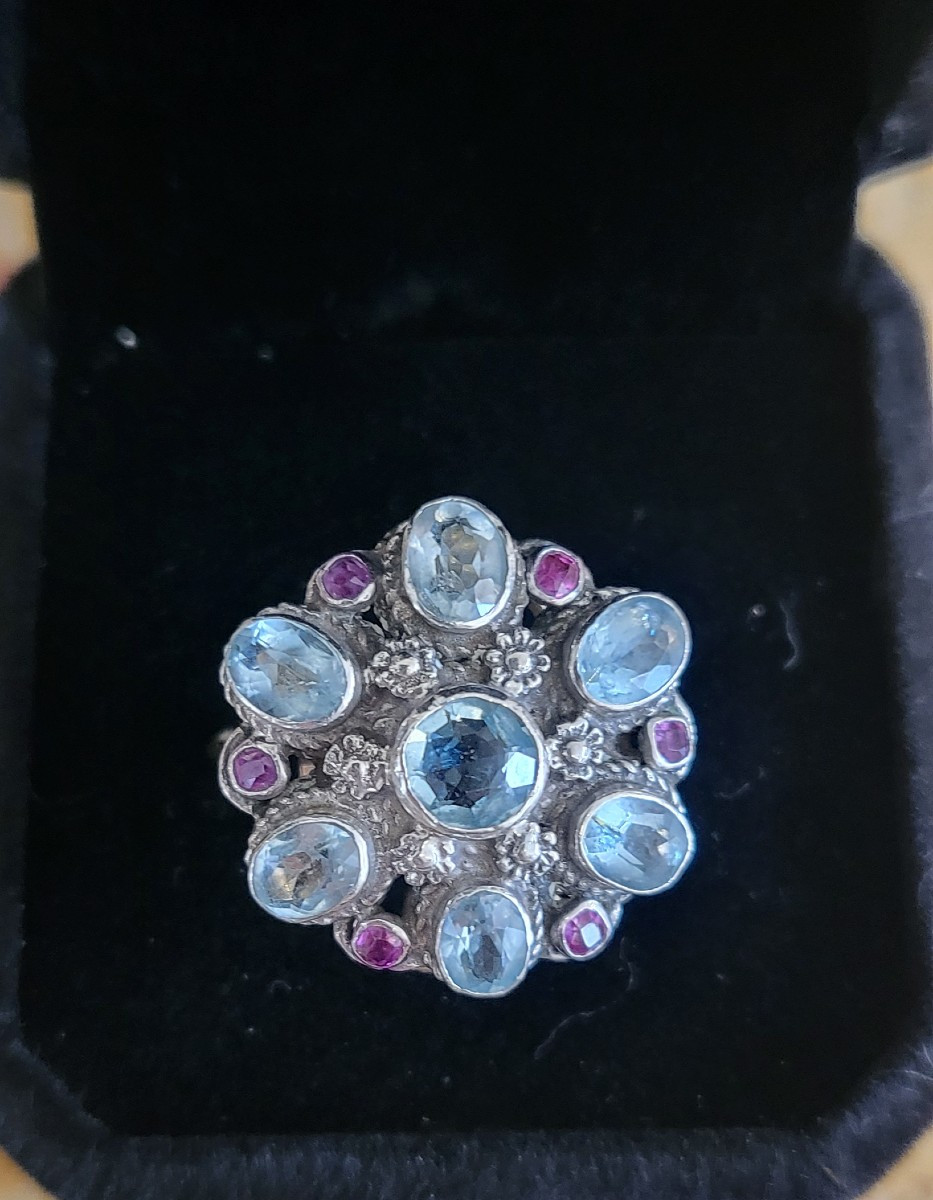 Bague "Cocktail "  avec Saphirs, Rubis en Or et Argent-photo-8