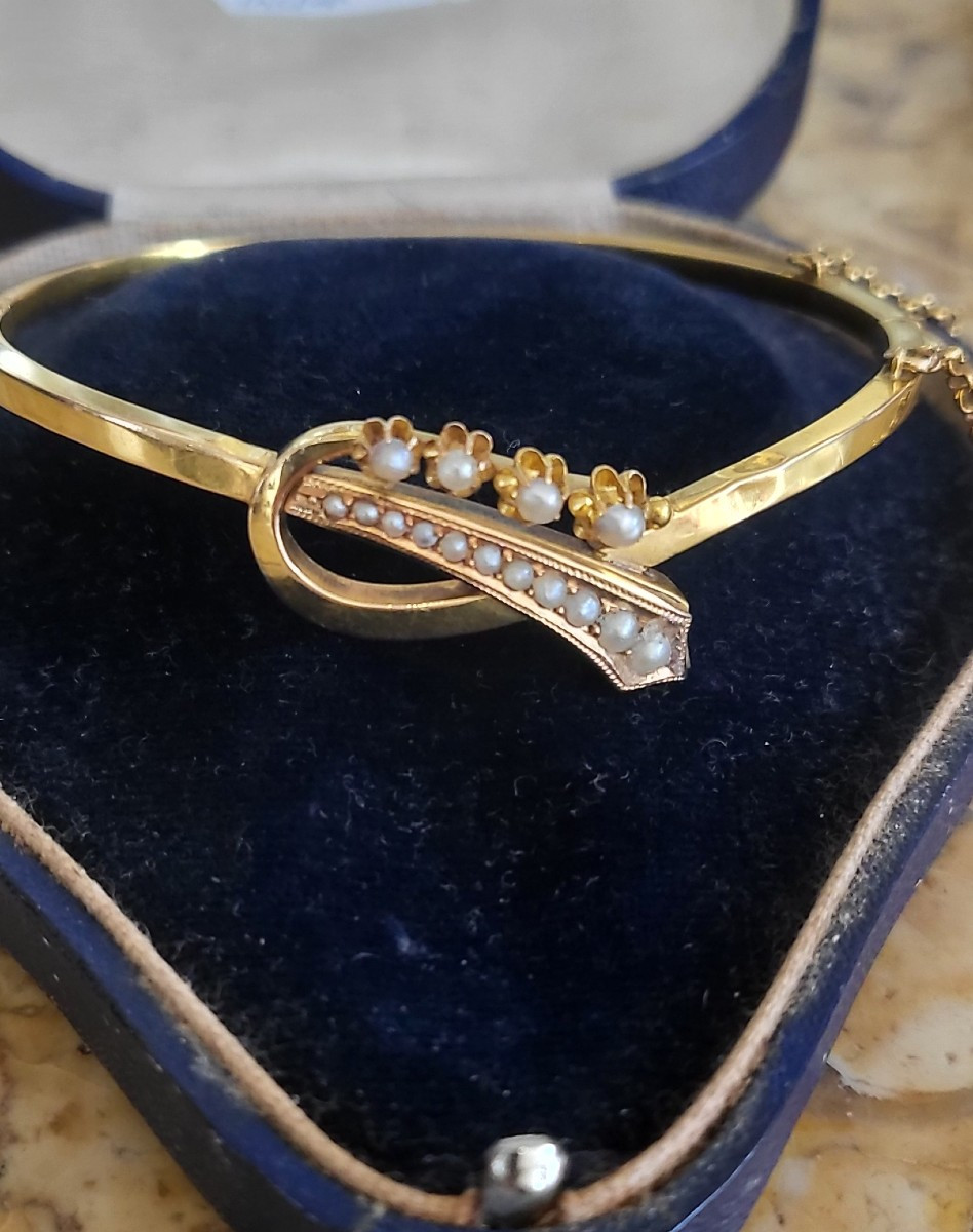 18ct Gold And Natural Pearl Bangle Bracelet - Belle Epoque -photo-4