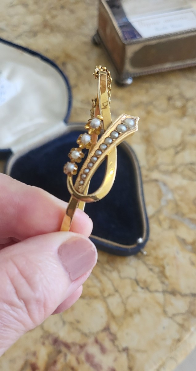 18ct Gold And Natural Pearl Bangle Bracelet - Belle Epoque -photo-1