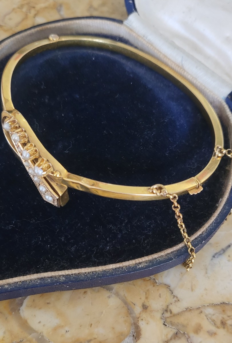18ct Gold And Natural Pearl Bangle Bracelet - Belle Epoque -photo-4
