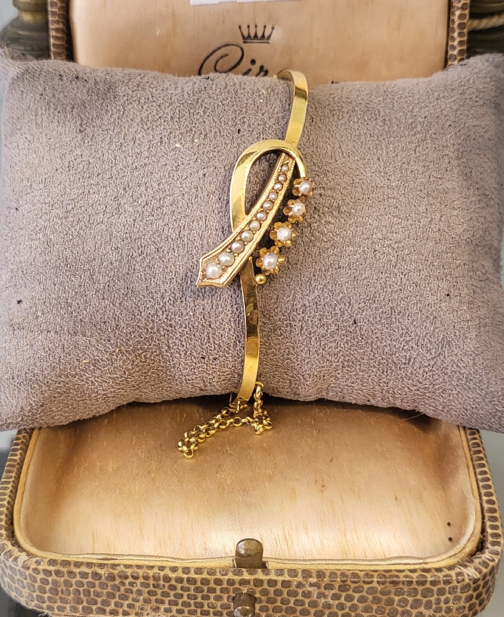 18ct Gold And Natural Pearl Bangle Bracelet - Belle Epoque -photo-6