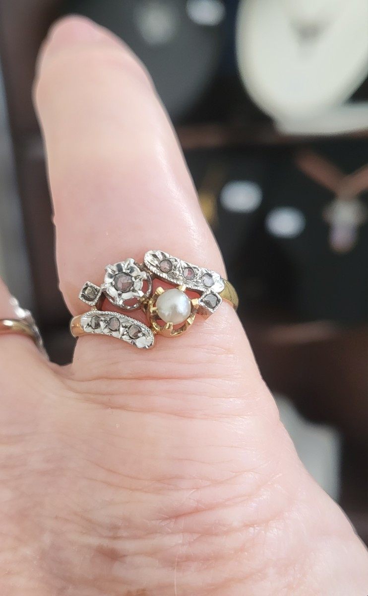 "toi Et Moi" Ring In 18ct Gold With Diamonds And A Pearl, Rose Cut And -photo-3