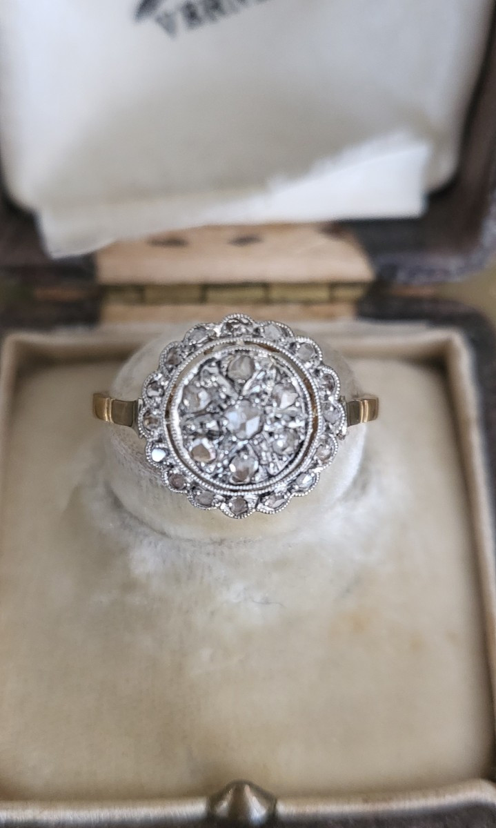 Art Deco 18ct Gold And Platinum Ring, Set With Rose Cut Diamonds  