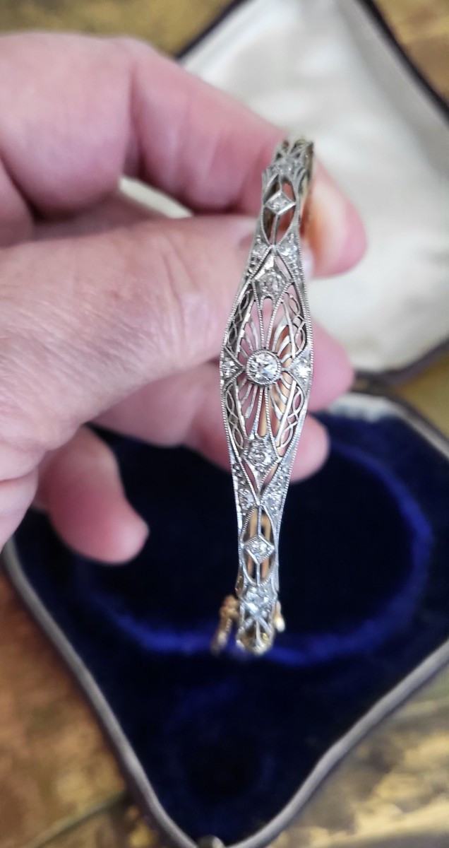 Belle Epoque/edwardian Bangle 14ct Gold  Platinum Bracelet Set With Diamonds, Old European Cut -photo-2