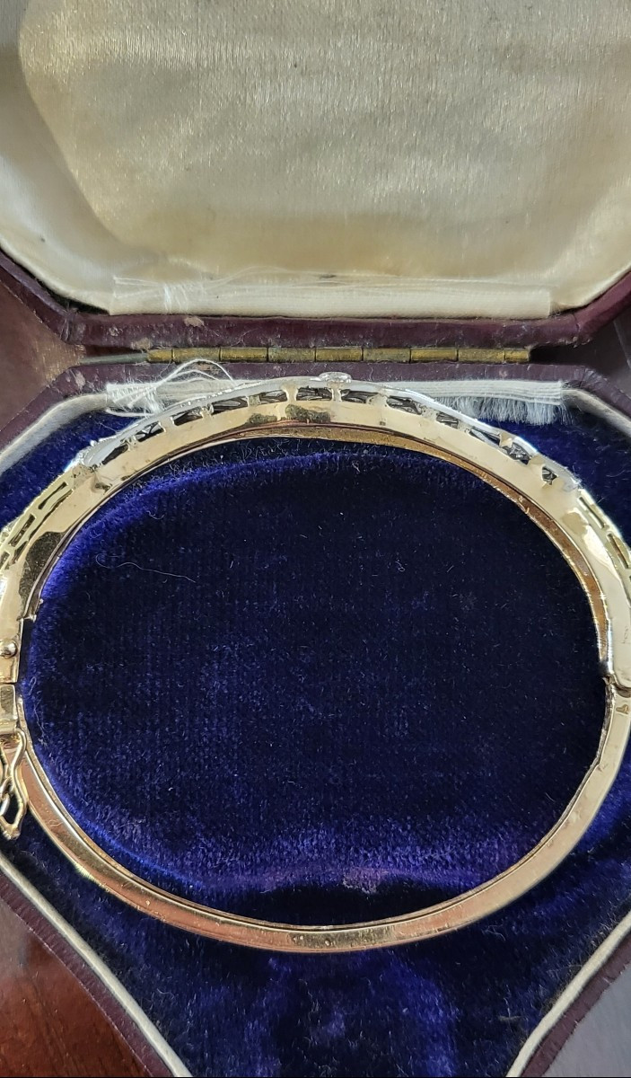 Belle Epoque/edwardian Bangle 14ct Gold  Platinum Bracelet Set With Diamonds, Old European Cut -photo-4