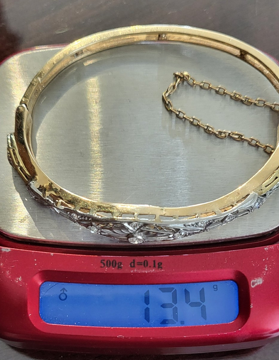 Belle Epoque/edwardian Bangle 14ct Gold  Platinum Bracelet Set With Diamonds, Old European Cut -photo-5