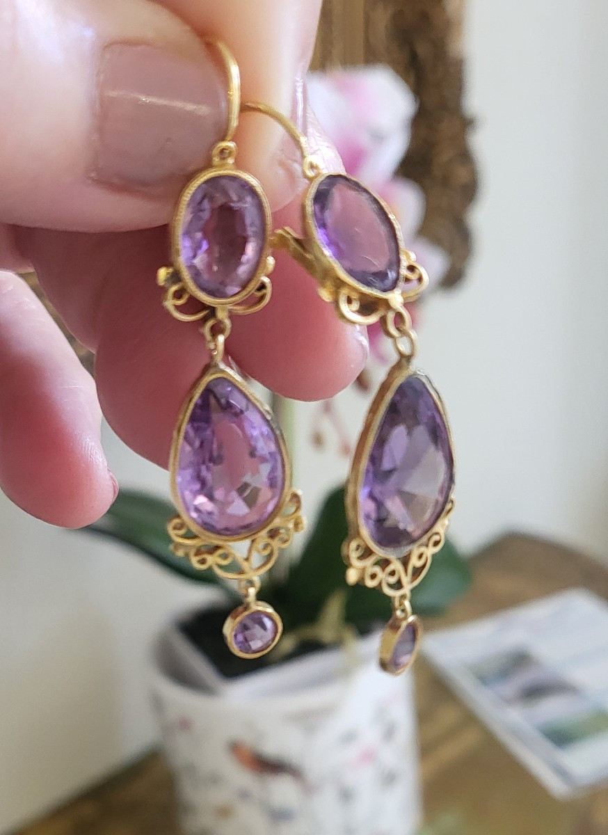 Napoléon 111 Boucles d'oreilles en Or 18ct serties d'Améthystes-photo-3