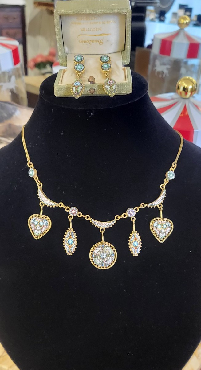 Antique Micro Mosaic Necklace And Earrings Set-photo-2